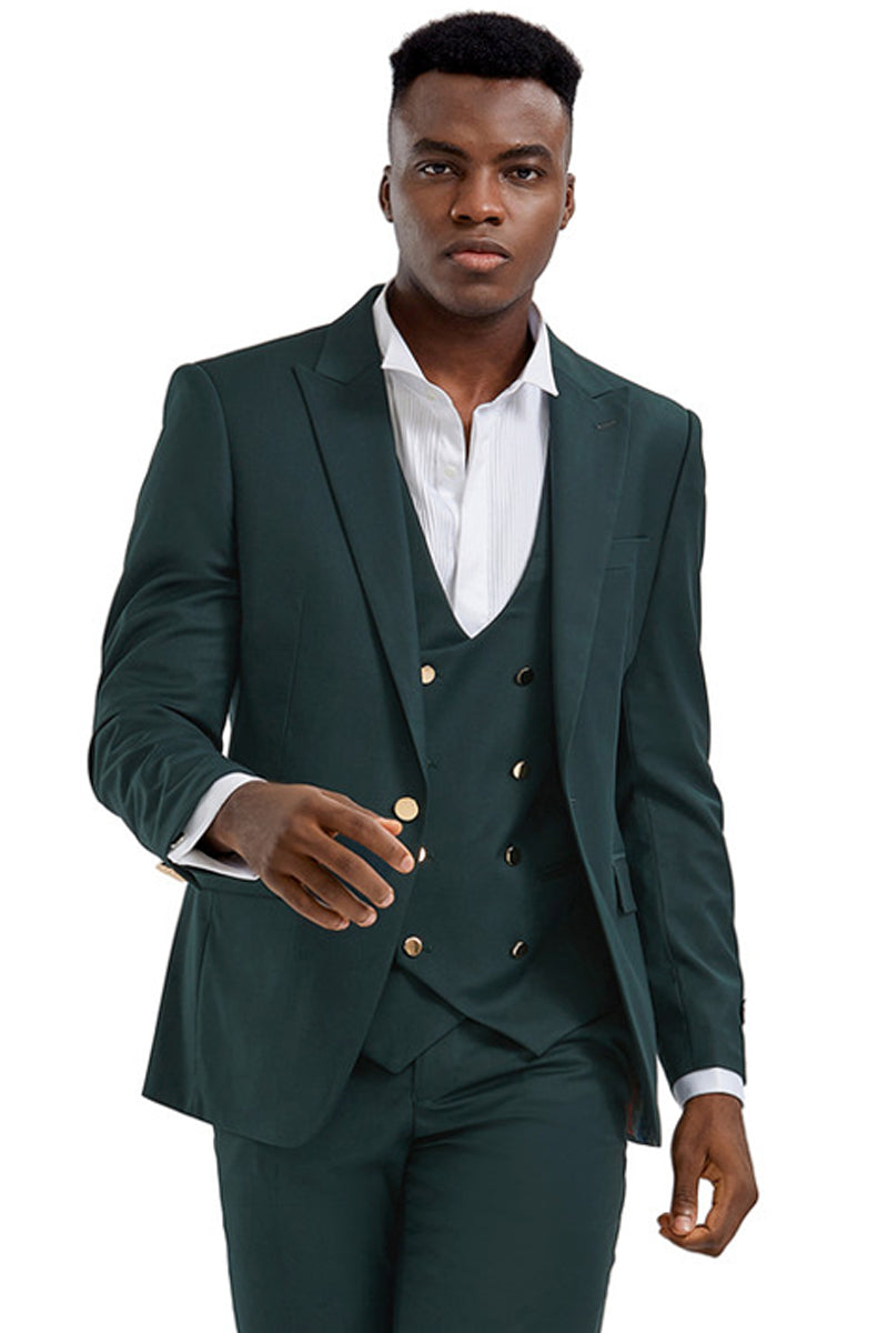 Men’s One Button Peak Lapel Vested Suit with Gold Buttons in Hunter Green
