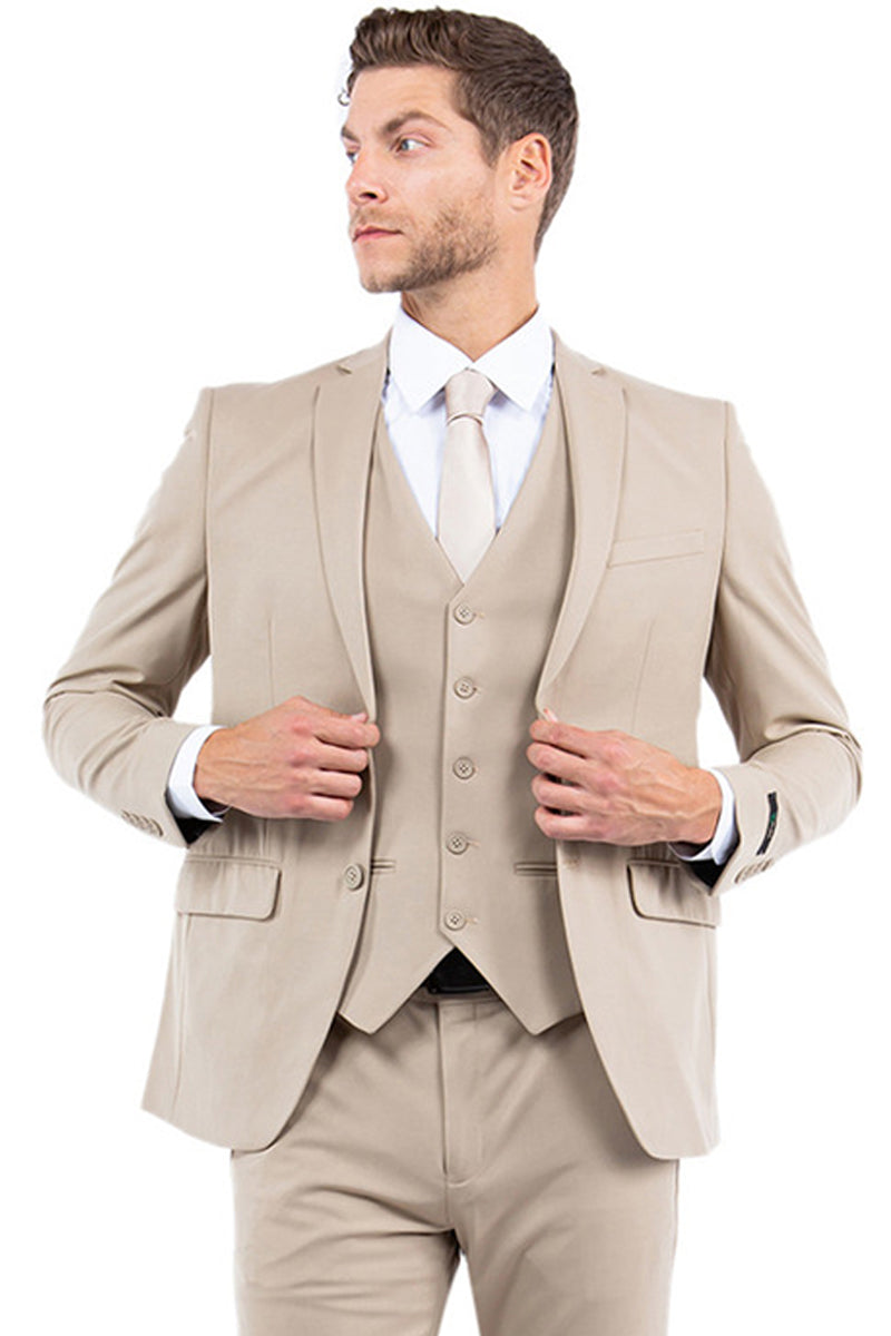 Men’s One Button Vested Slim Fit Business & Wedding Suit in Tan