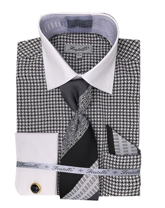 Men’s Vintage Style Multi-Colored Houndstooth Dress Shirt & Tie Package in Black