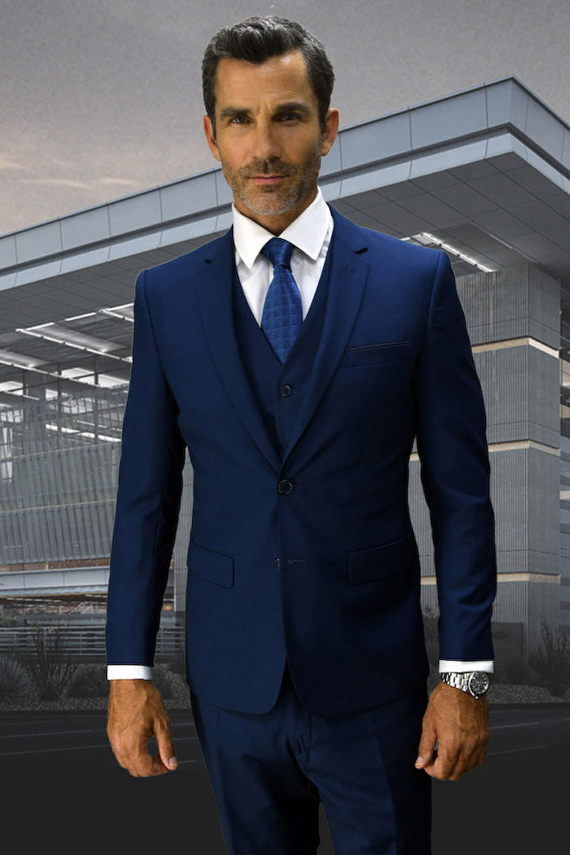 Men’s Two Button Designer Modern Fit Wool Vested Suit in Sapphire Blue