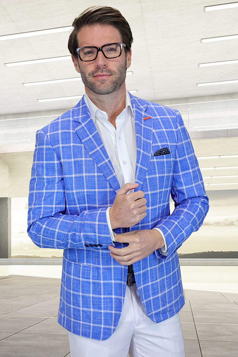 Men’s Modern Fit Patch Pocket Designer Wool Summer Blazer in Steel Blue Windowpane Plaid