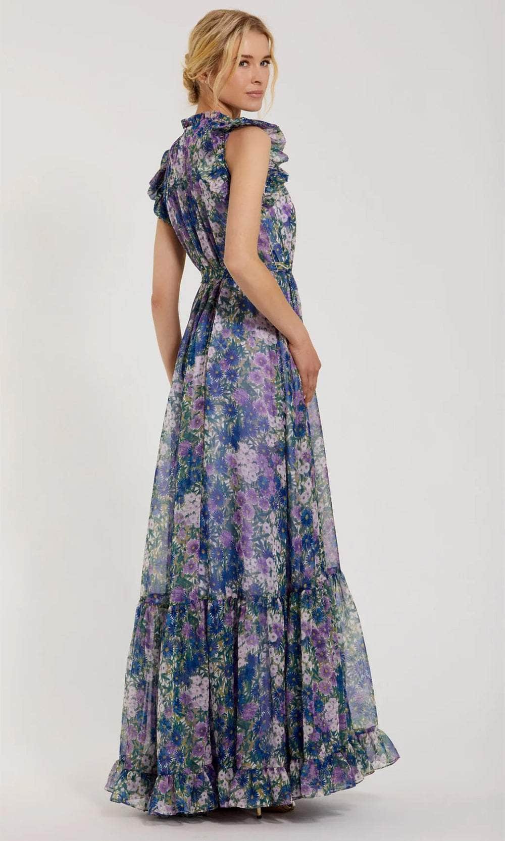 Printed Floral Design Mock Neck Prom Gown