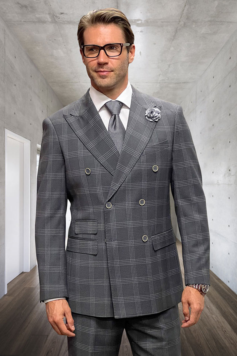 Men’s Designer Classic Fit Double Breasted Wool Suit in Grey Windowpane Plaid