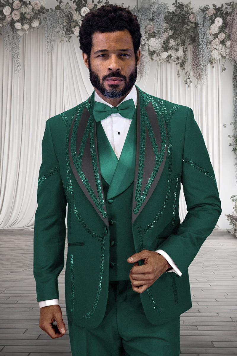 Men’s Designer Wool Shawl Lapel Vested Tuxedo with Rhinestones in Hunter Green