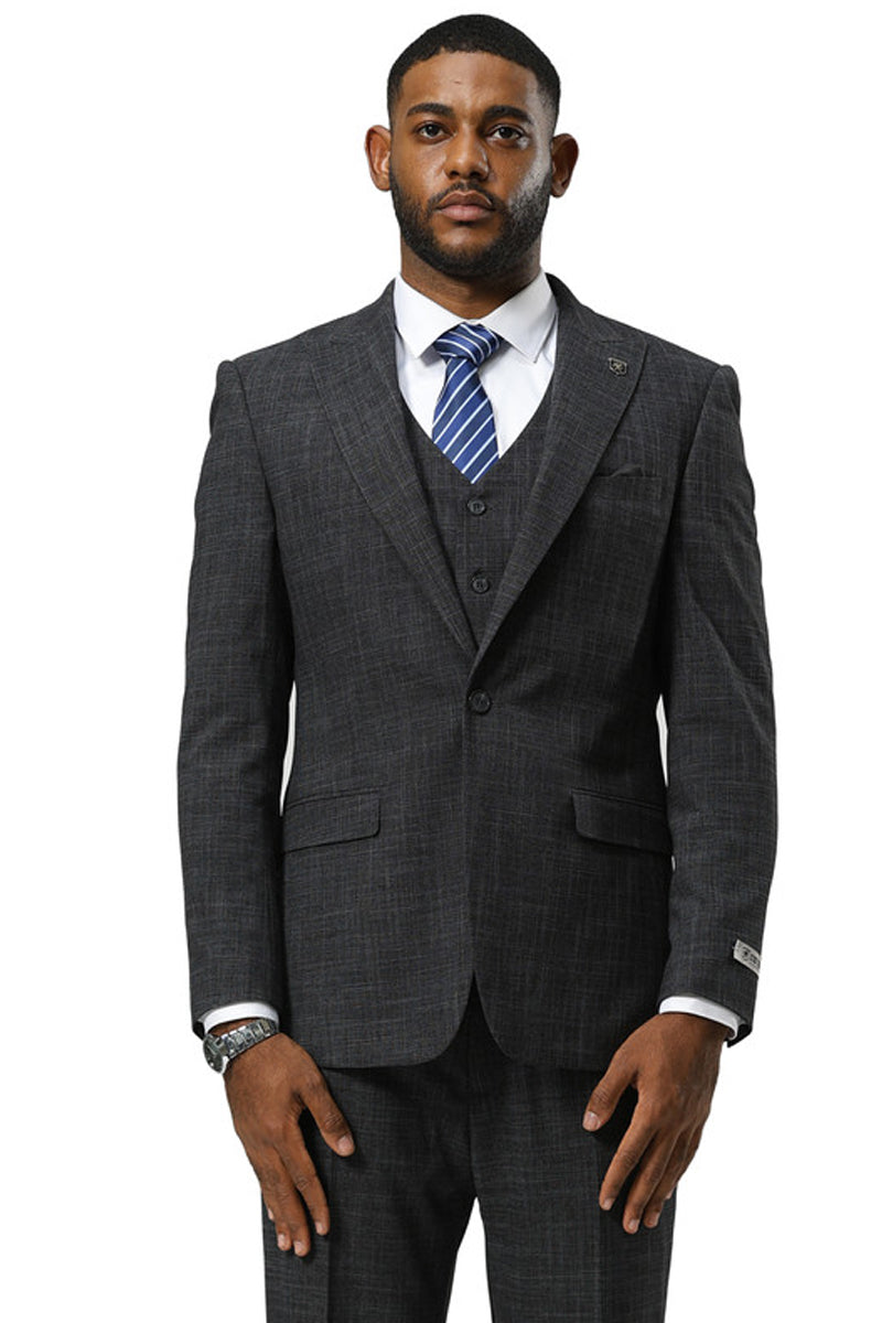 Men’s Stacy Adams One Button Peak Lapel Vested Sharkskin Suit in Charcoal