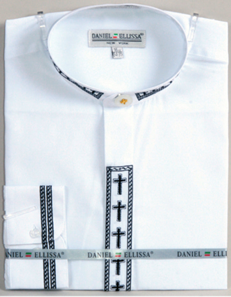 Men’s Cross Embroidered Banded Collar Dress Clergy Shirt in White & Black