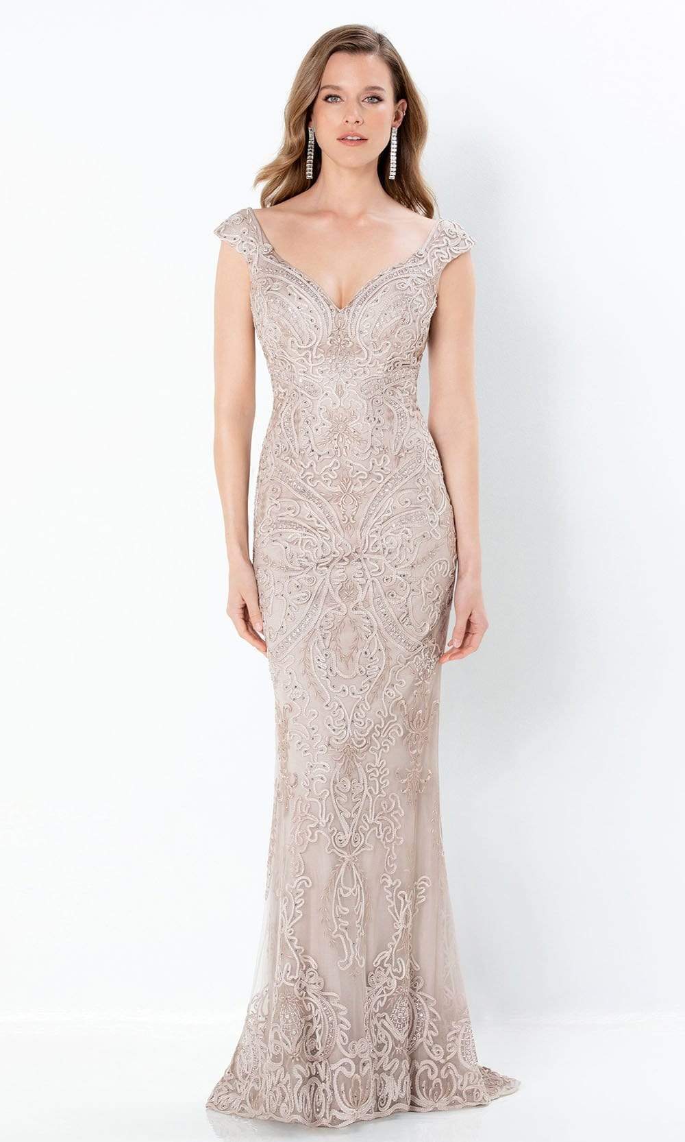 220934 Beaded Soutache Cap Sleeved Sheath Gown