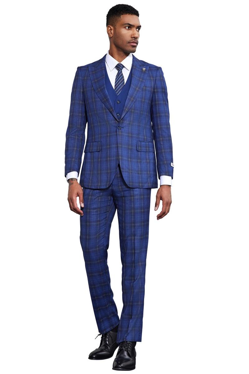 Men’s Stacy Adams Bold Windowpane Plaid Print Vested Suit in Midnight Blue
