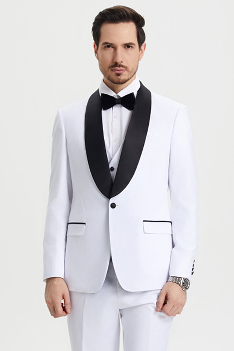 Men’s Stacy Adams Vested One Button Shawl Lapel Designer Tuxedo in White