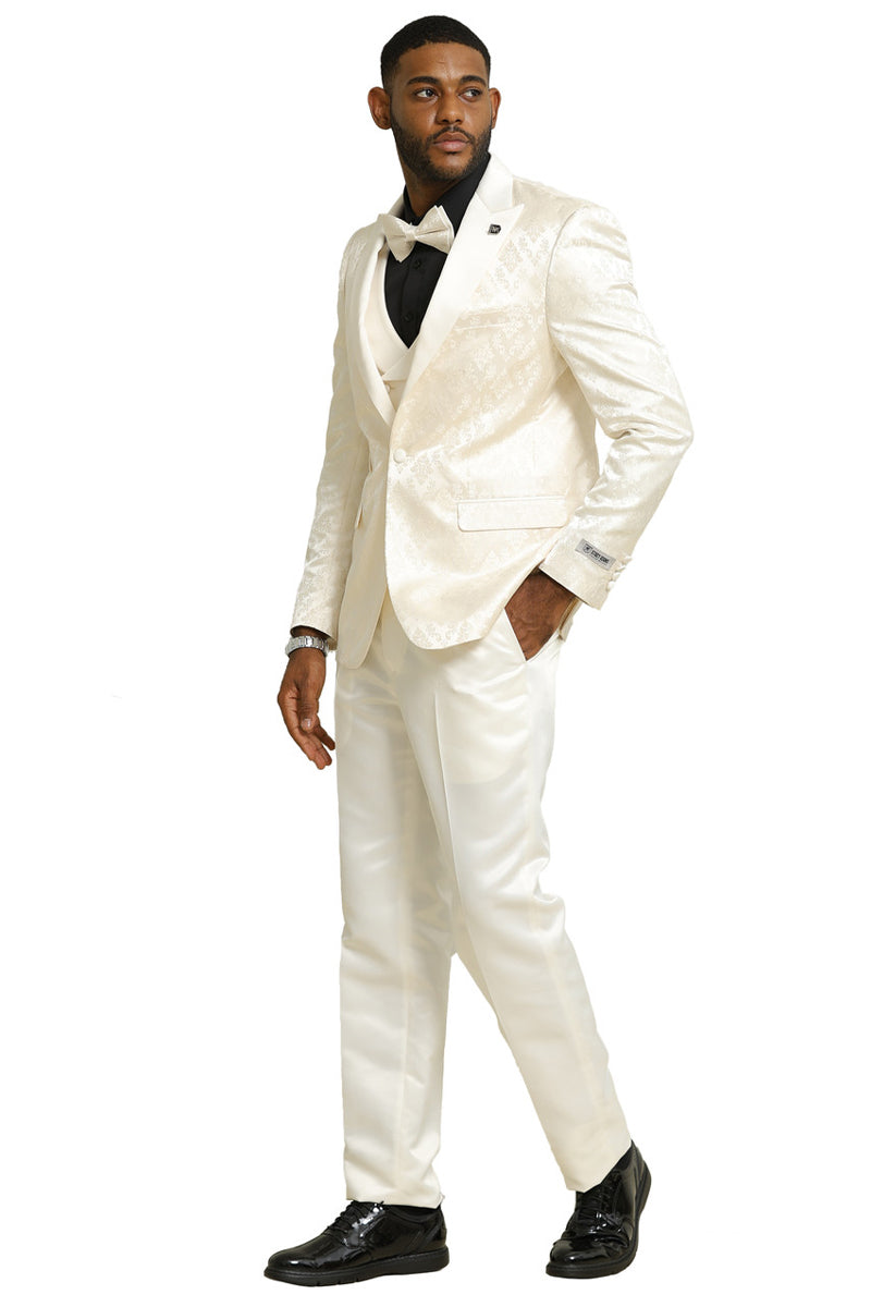 Men’s Stacy Adams Shiny Brocade Wedding & Prom Tuxedo with Double Breasted Vest in Ivory
