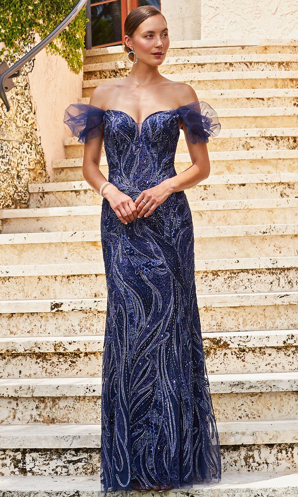 Off Shoulder Beaded Evening Gown