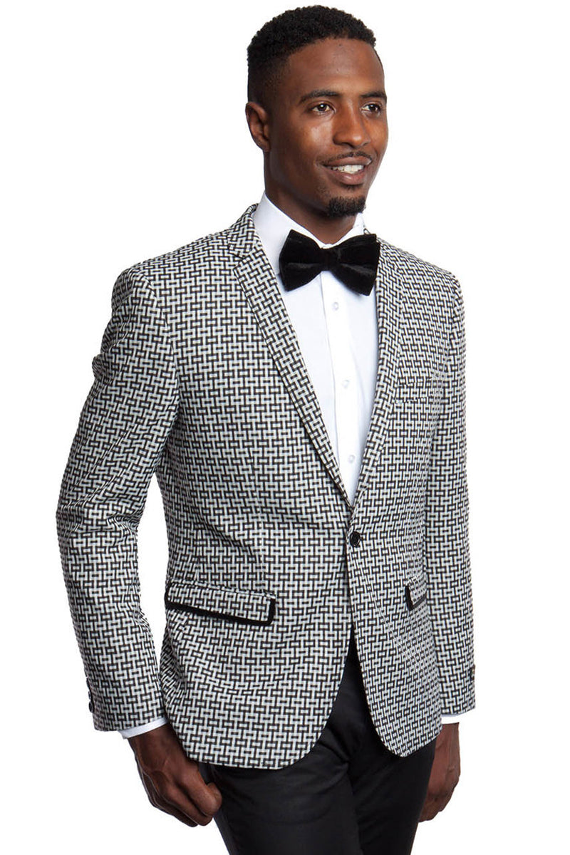 Men’s Slim Fit One Button Square Pattern Party Blazer in Black & White