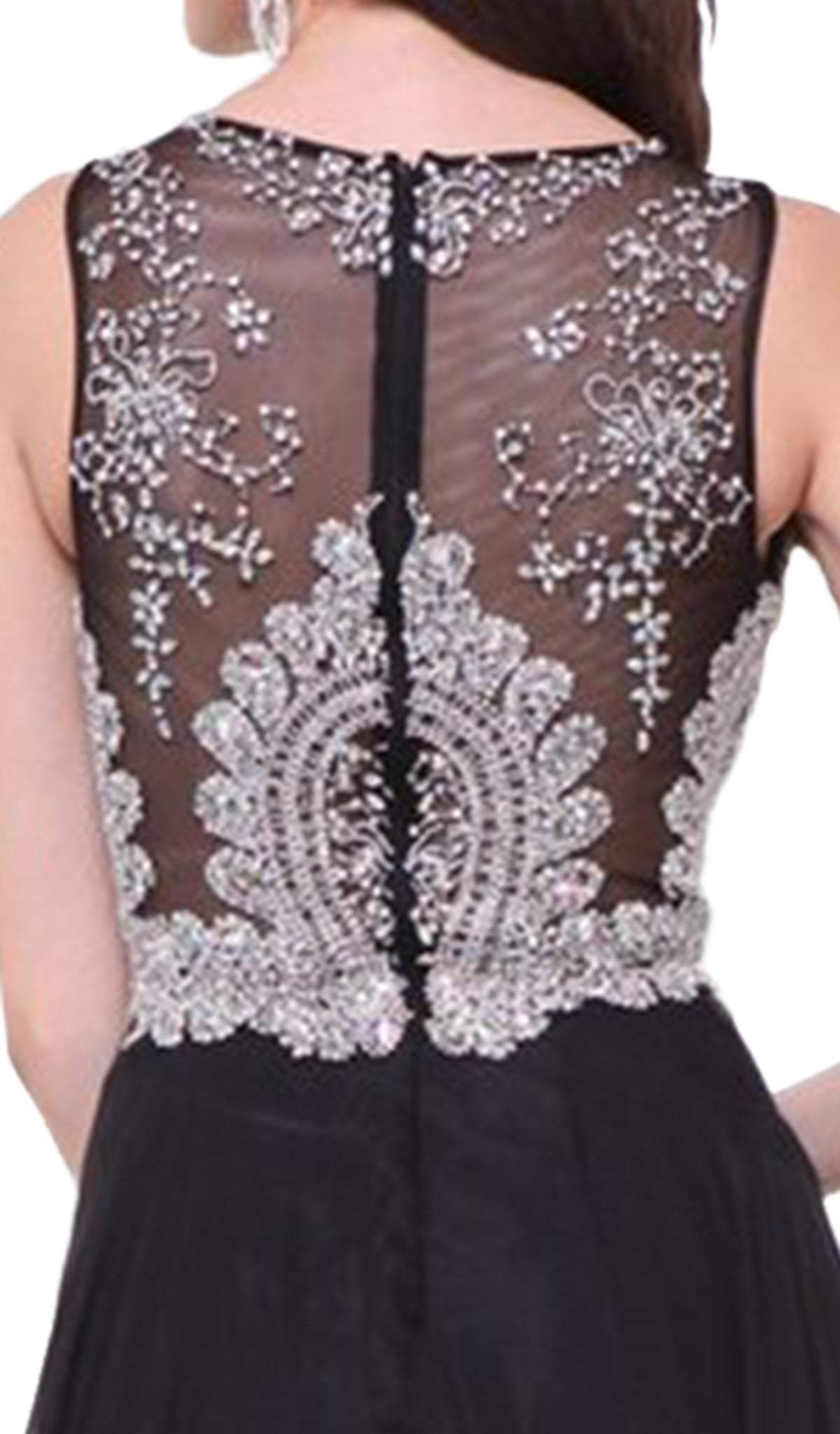 Sleeveless Illusion Metallic Appliqued A-Line Gown