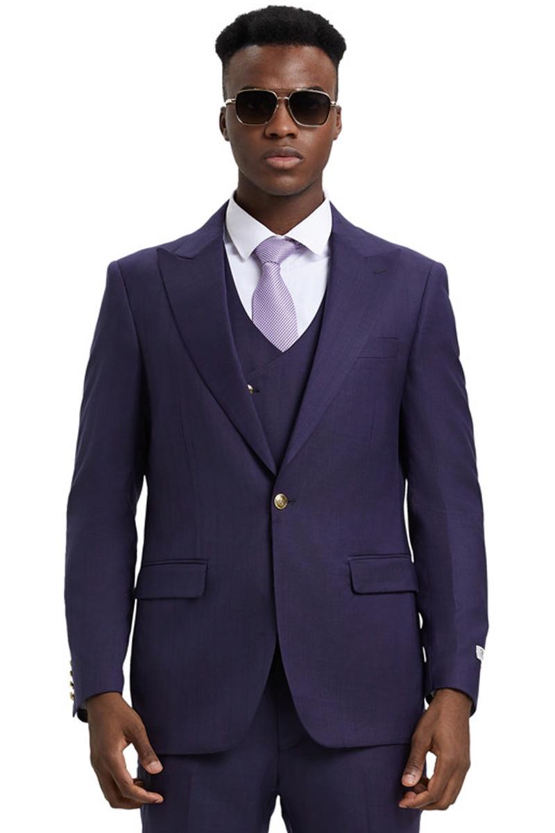 Men’s Stacy Adams Vested One Button Side Peak Lapel Pinstripe Suit in Eggplant Purple