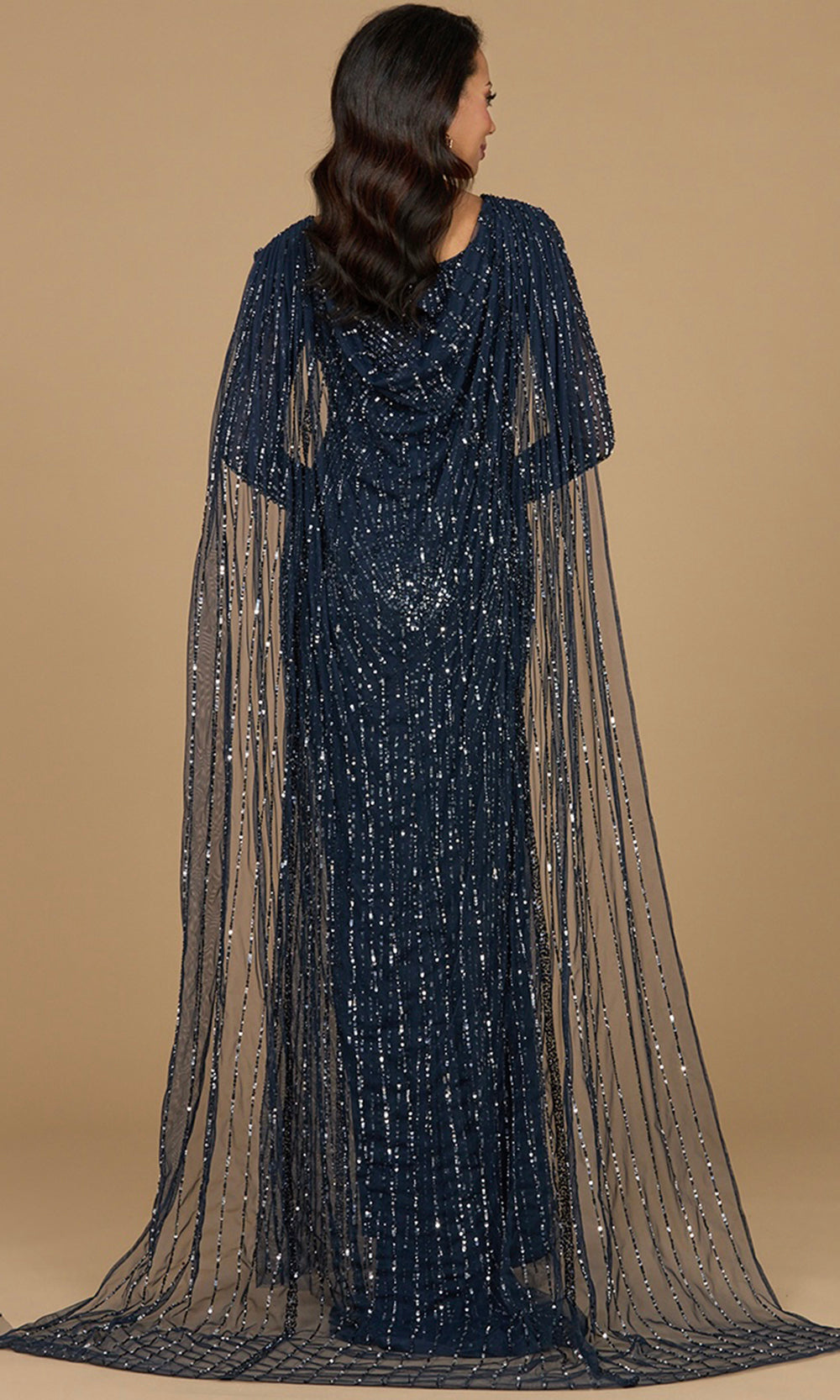 Long Sleeve Beaded Evening Dress with Cape