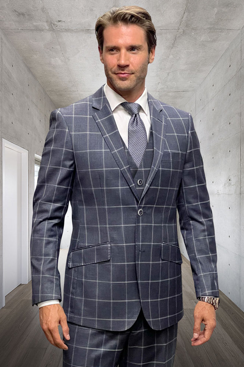 Men’s Designer Two Button Vested Wool Windowpane Suit in Grey