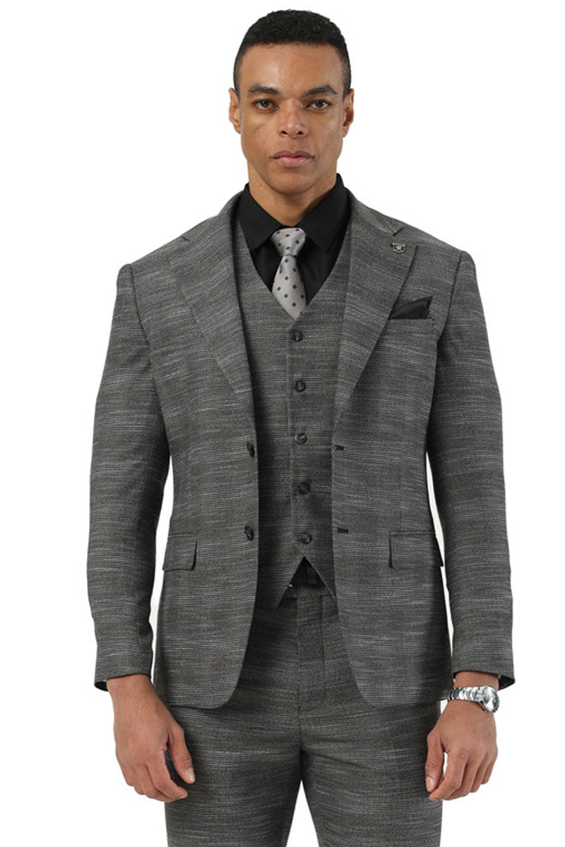 Men’s Stacy Adams Vested Sharkskin Pattern Business Suit in Charcoal Grey