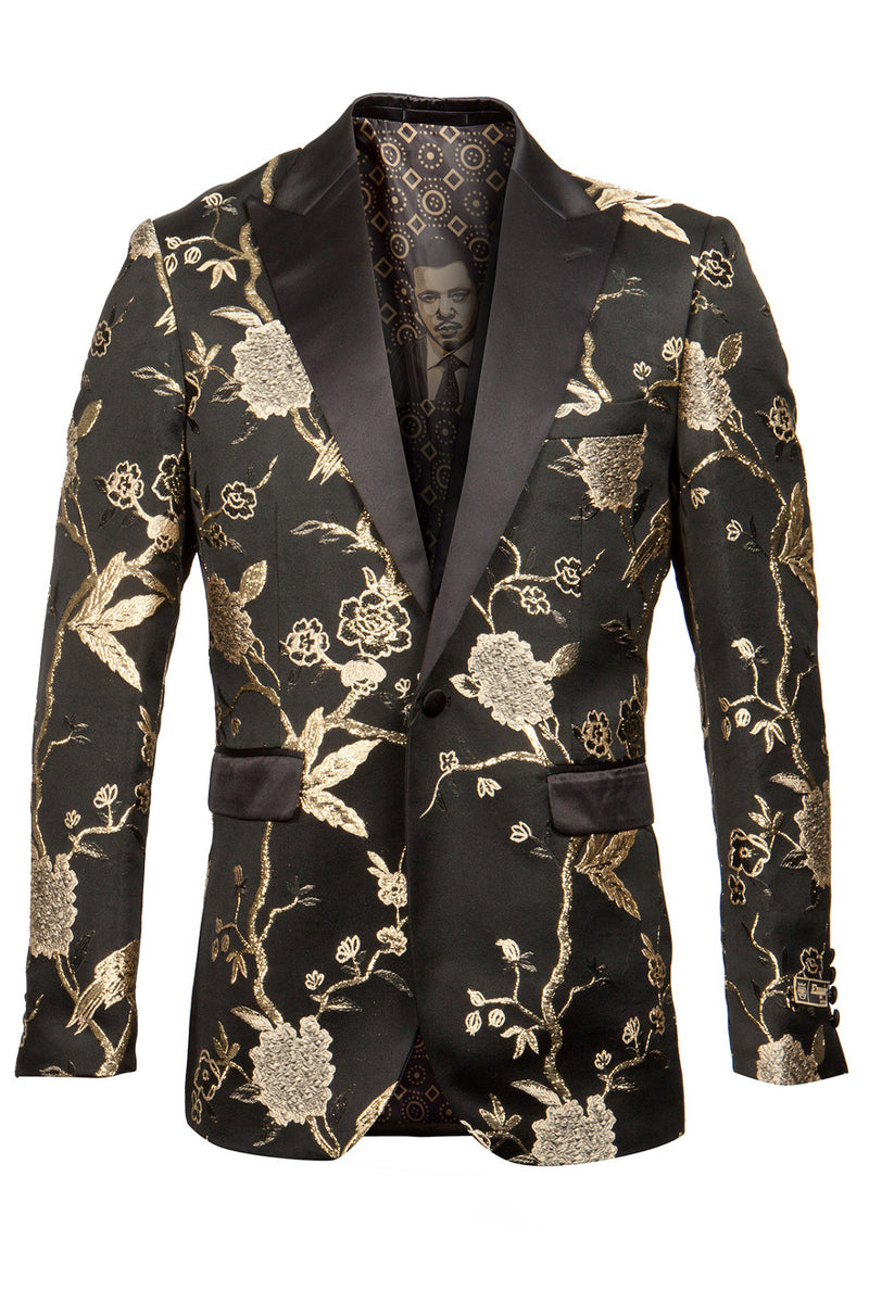 Men’s Shiny Floral Satin Print Prom & Wedding Tuxedo Jacket in Black & Gold
