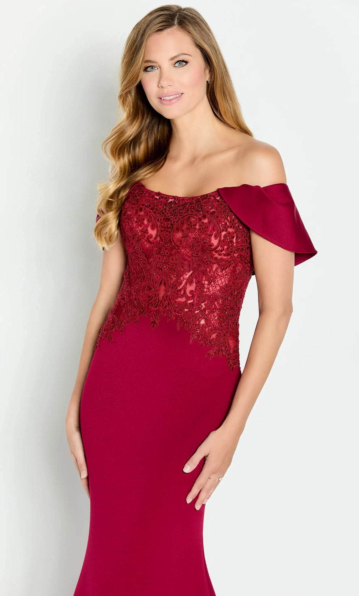 Draped Sleeve Embroidered Evening Gown