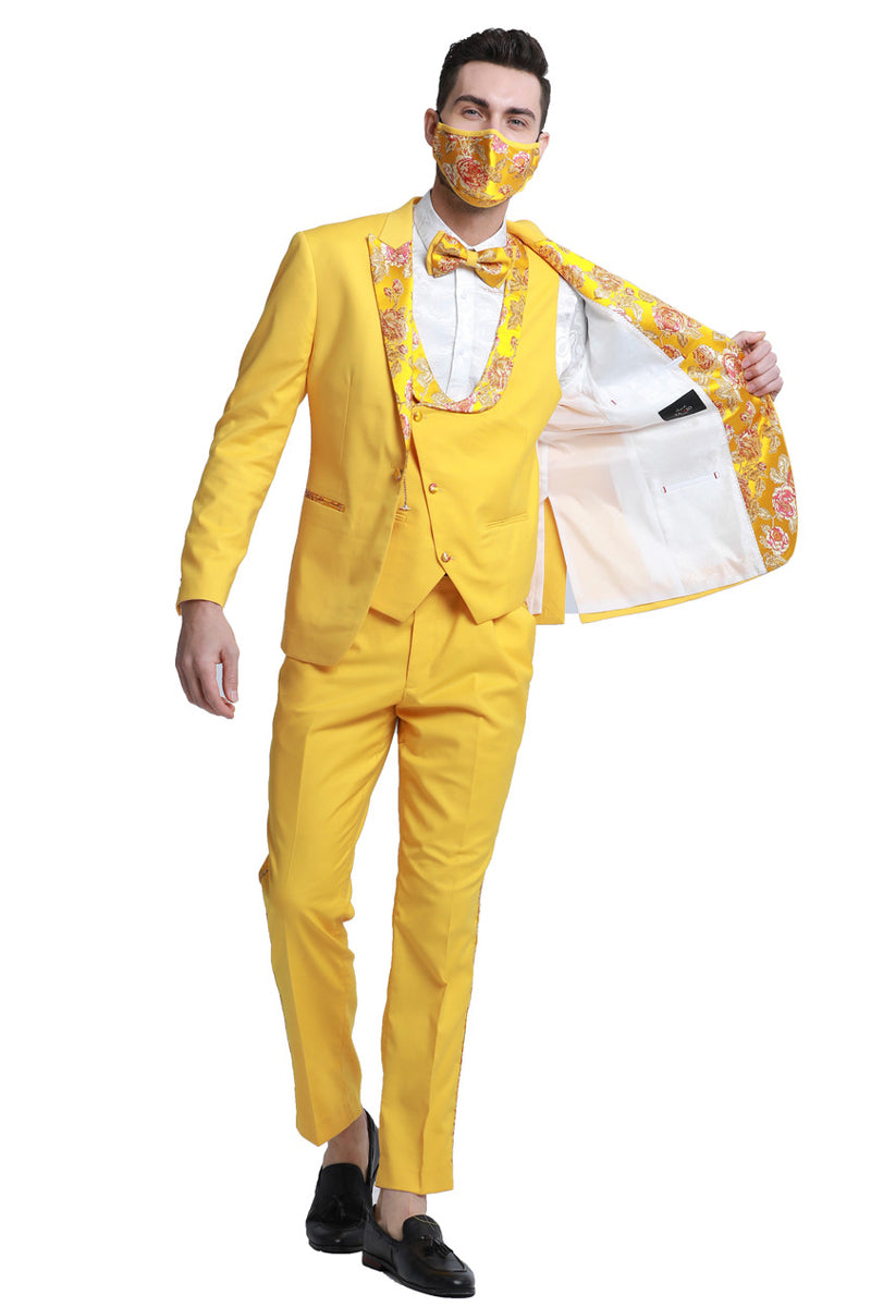 Men’s One Button Vested Prom & Wedding Tuxedo in Yellow Gold with Floral Peak Lapel