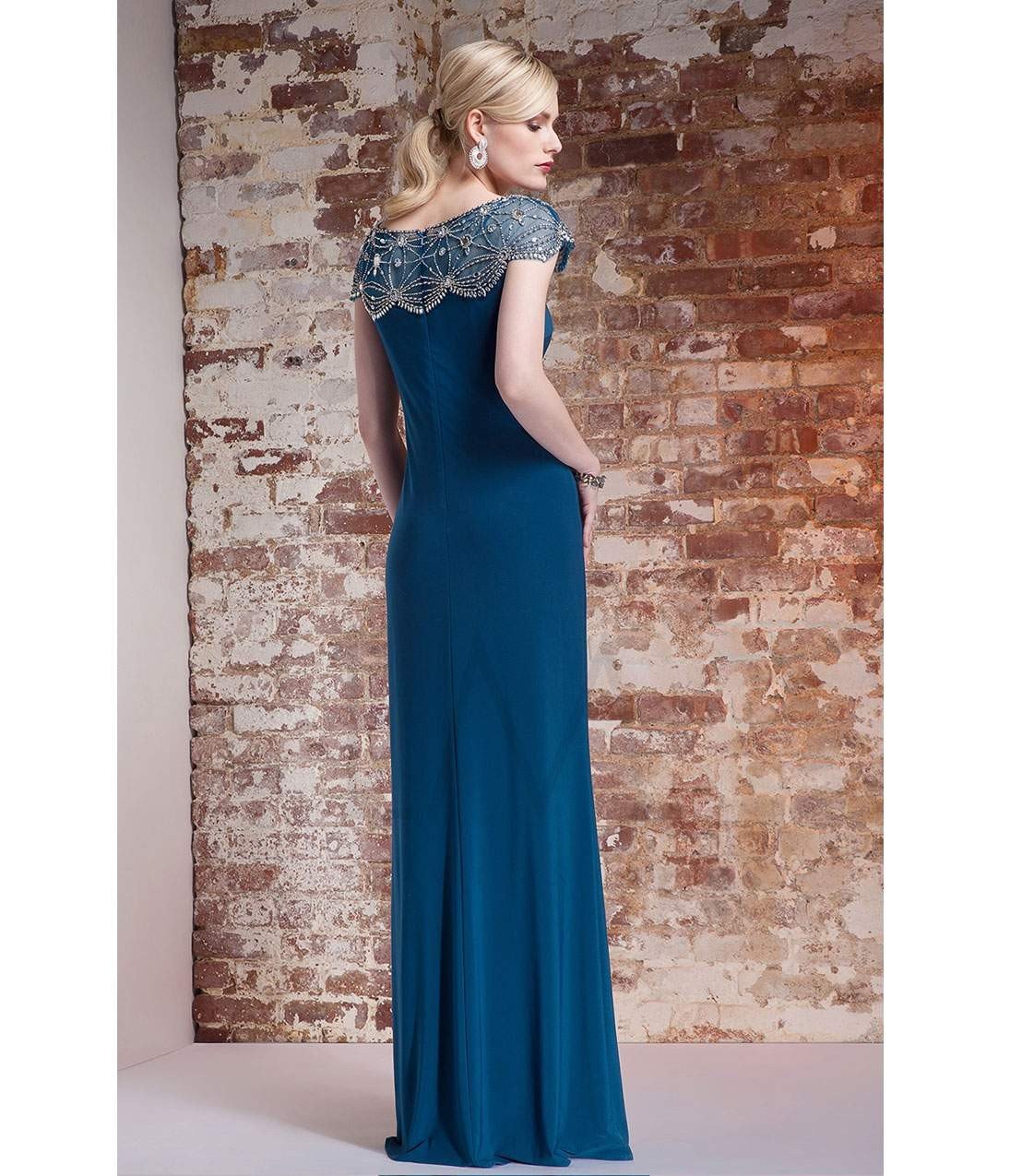 Jeweled Cap Sleeve Jersey Gown AL1889B