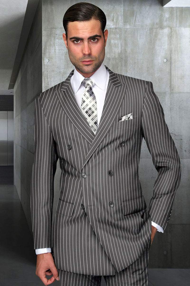 Men’s Designer Double Breasted Wool Suit in Bold Grey Gangster Pinstripe.