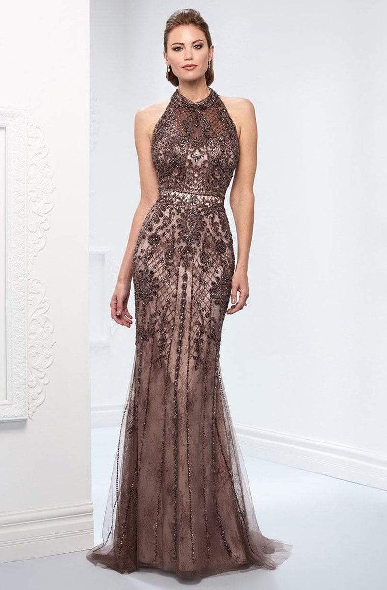 218D27 Beaded Lace Sheer Halter Fitted Dress