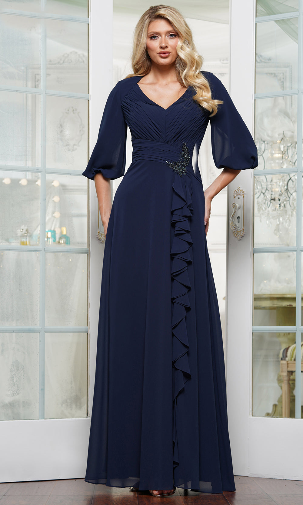 Puff Sleeve Cascading Ruffle Formal Gown