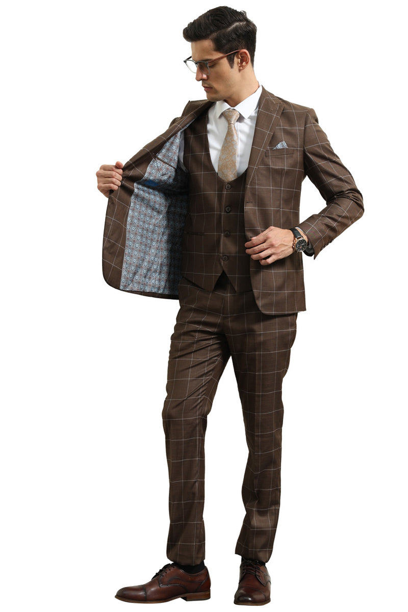 Men’s Slim Fit Two Button Peak Lapel Vested Suit in Brown Windowpane Plaid