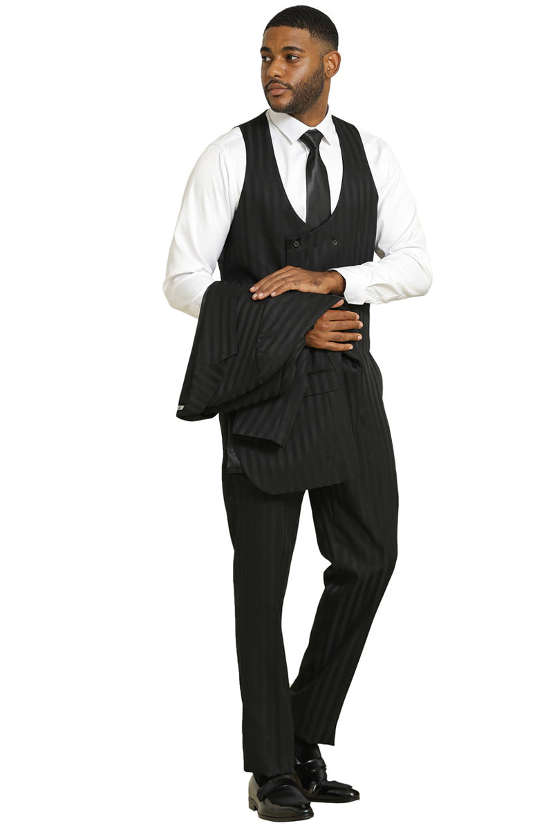 Men’s Stacy Adams Modern Fit Vested Suit in Black Tonal Shadow Pinstripe