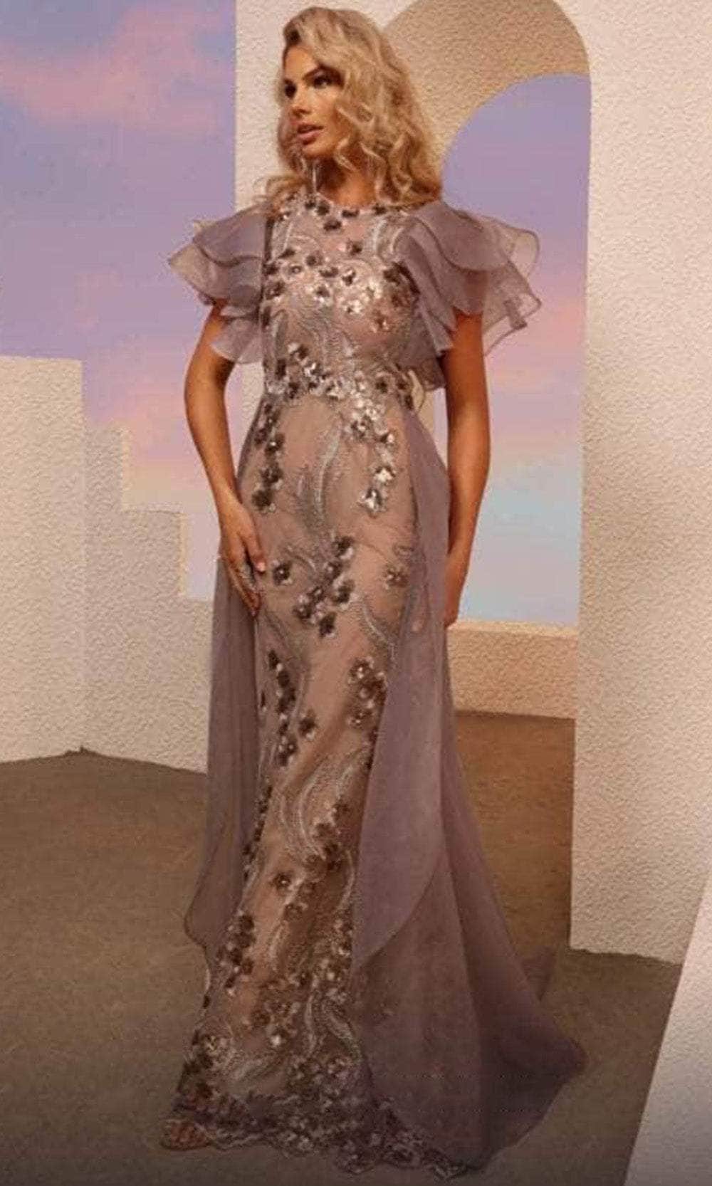 Ruffled Short Sleeve Jewel Neck Evening Gown