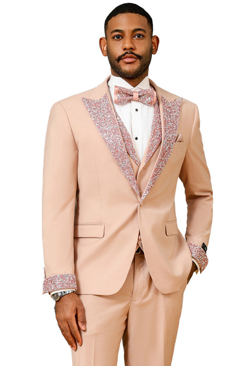 Men’s One Button Rhinestone Peak Lapel Vested Prom Tuxedo in Rose Gold