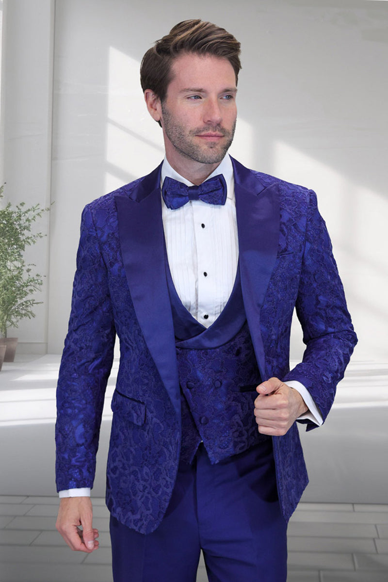 Men’s Designer Vested Tonal Paisley Wedding & Prom Tuxedo in Sapphire Blue