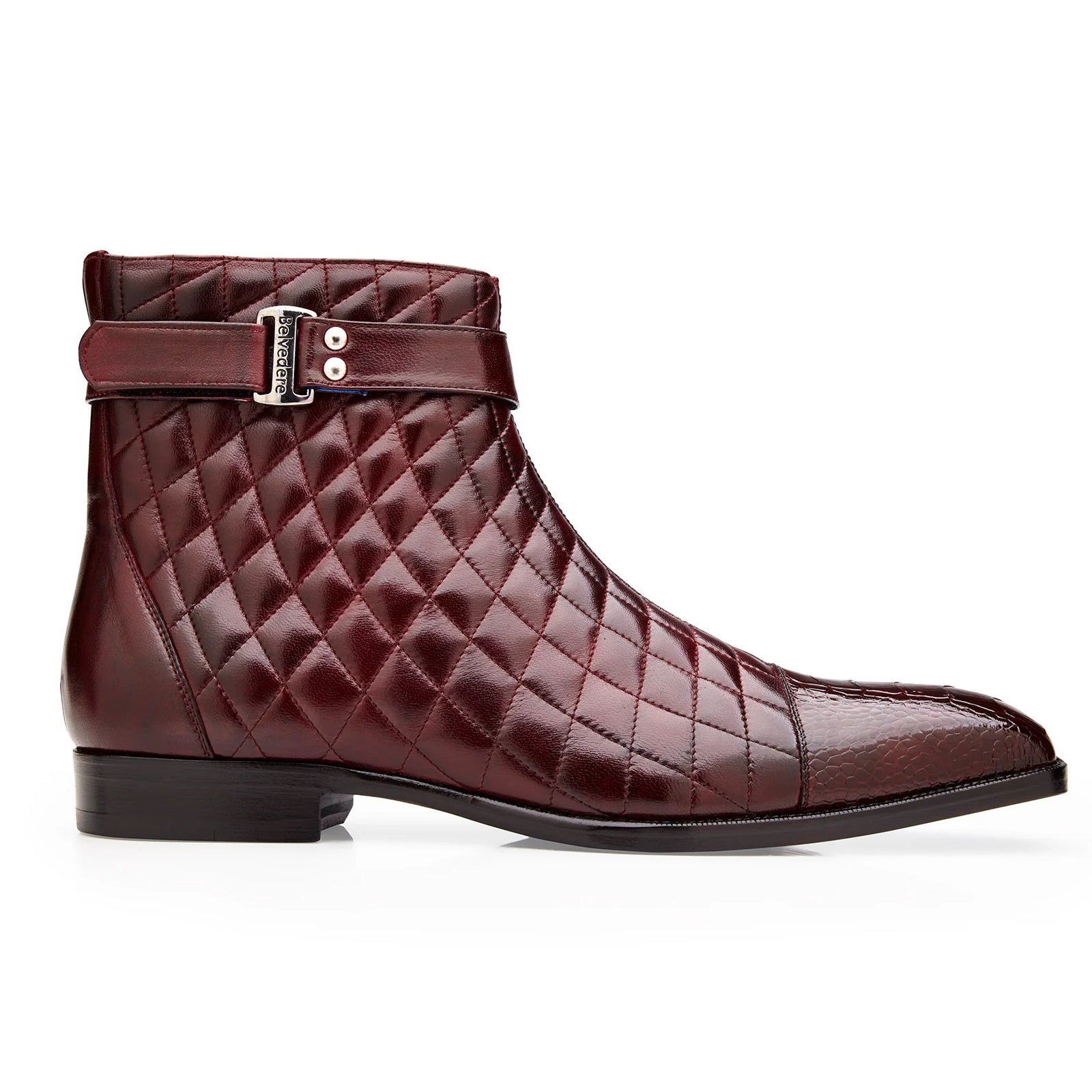 Men’s Belvedere Libero Quilted Leather & Ostrich Leg Cap Toe Chelsea Boot in Burgundy