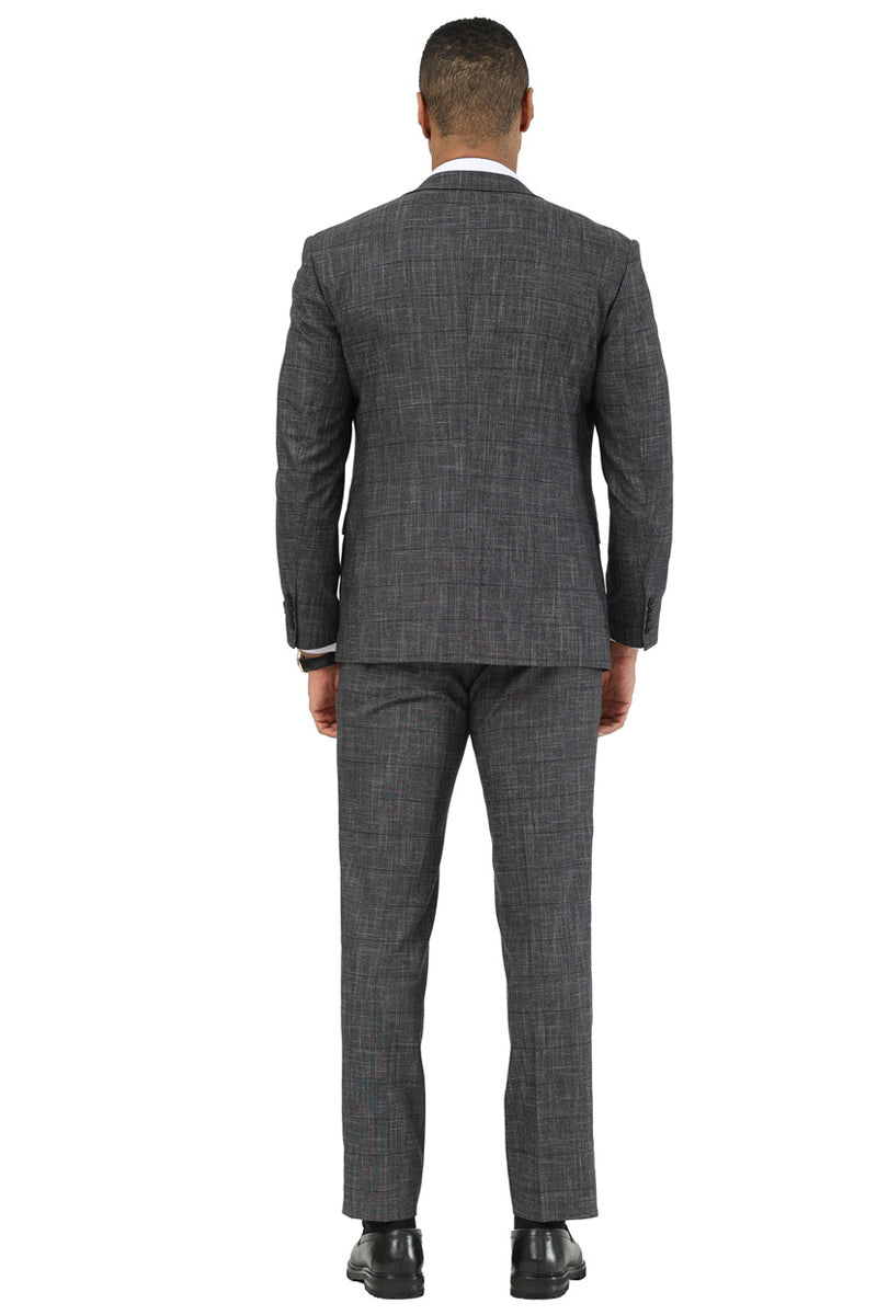 Men’s Stacy Adams One Button Peak Lapel Vested Suit in Black Sharkskin Windowpane