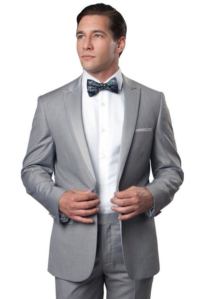 Men’s Slim Fit One Button Satin Trim Peak Lapel Prom & Wedding Tuxedo in Light Grey