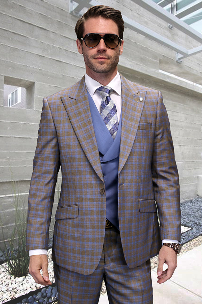 Men’s One Button Peak Lapel Wool Vested Suit in Taupe Windowpane Plaid