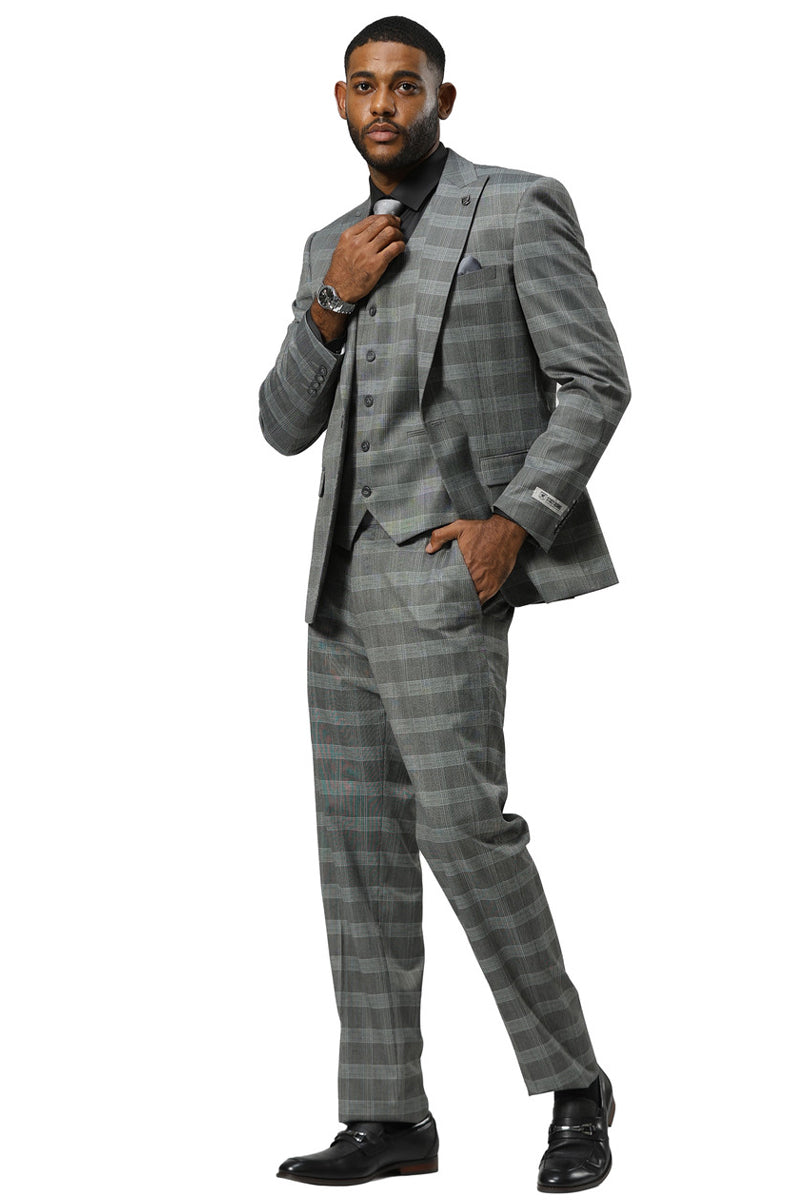 Men’s Stacy Adams One Button Vested Peak Lapel Suit in Grey Glen Plaid