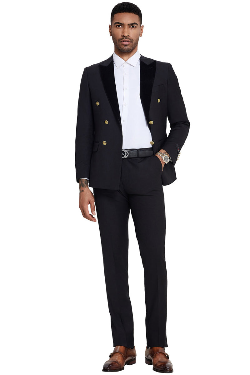 Men’s Double Breasted Wedding Suit with Velvet Peak Lapel and Gold Buttons in Black