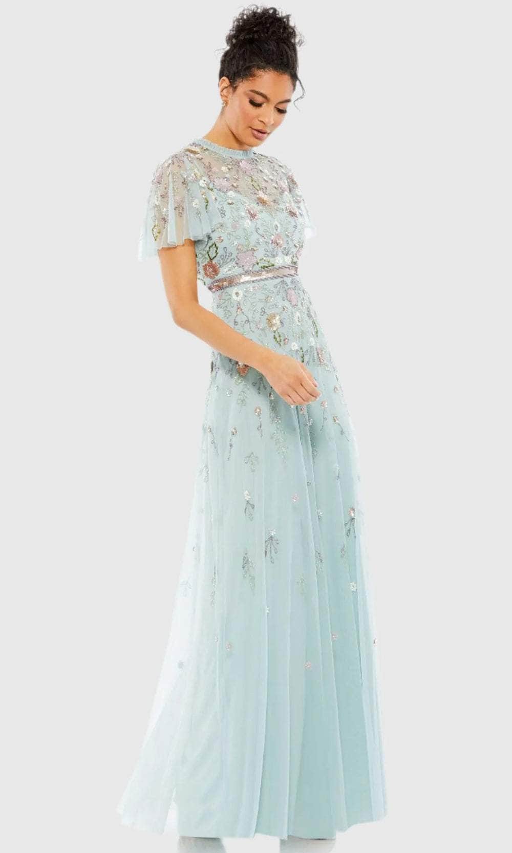 Ruffled High Neck Beaded Evening Gown