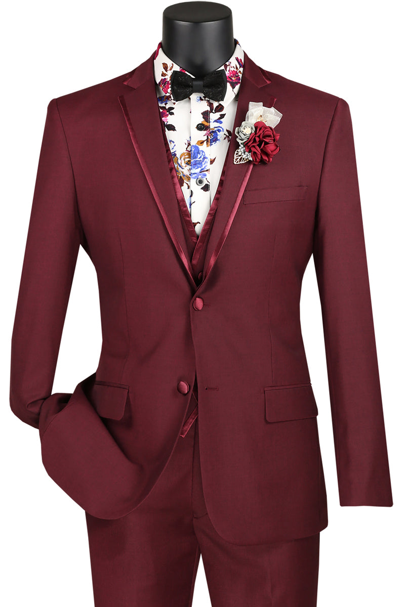Mens Vested Wedding Trim Tuxedo in Burgundy