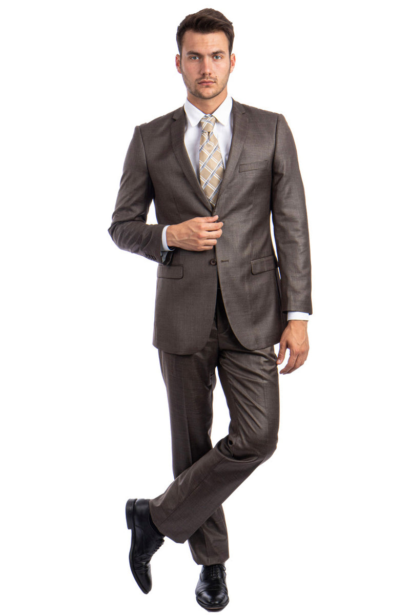 Men’s Slim Fit Textured Shiny Sharkskin Suit in Cocoa Brown