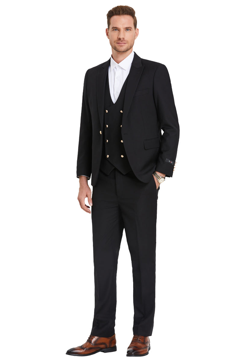 Men’s One Button Peak Lapel Vested Suit with Gold Buttons in Black