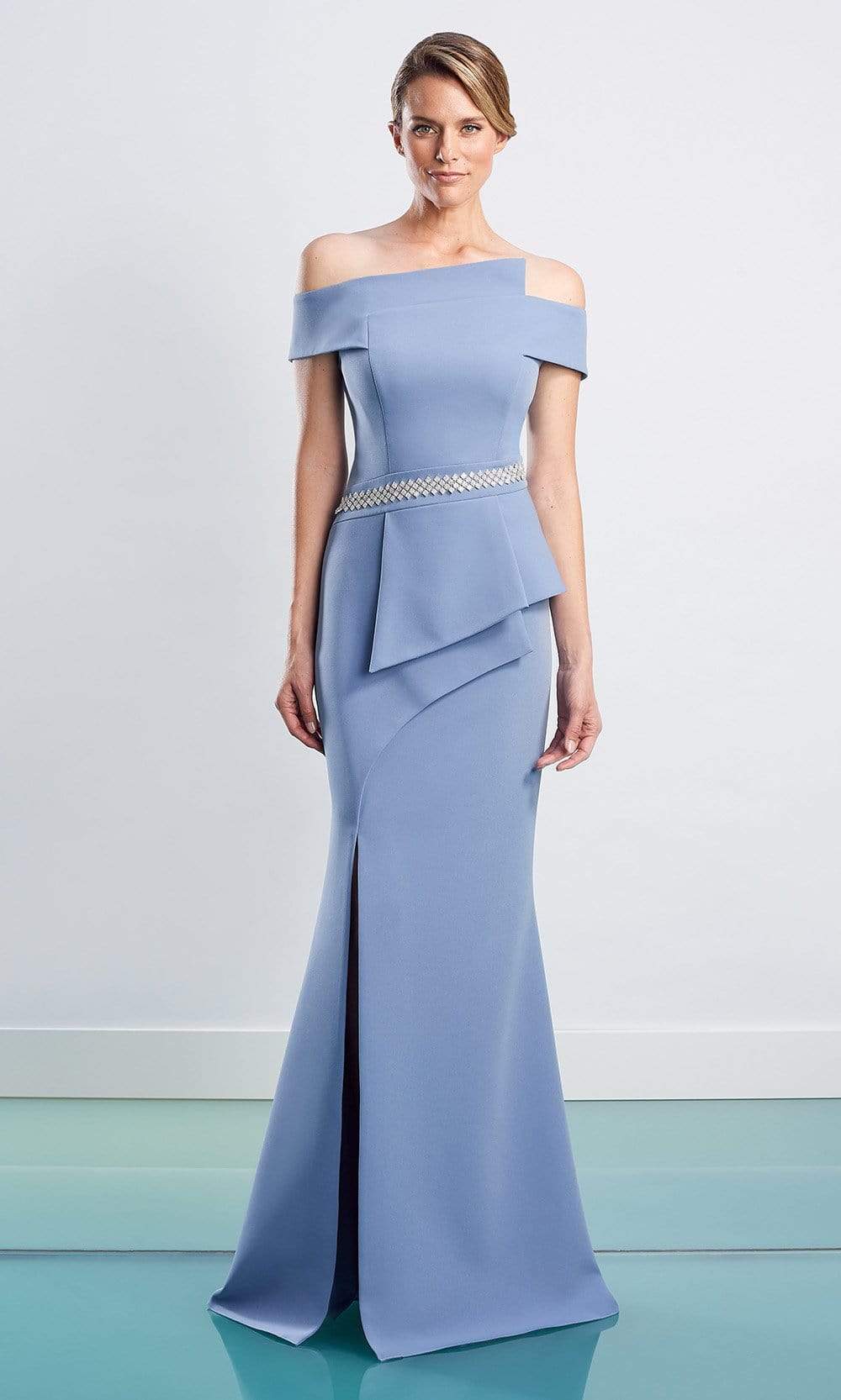 1470 Off Shoulder Peplum Trumpet Gown