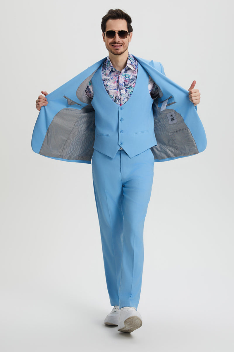 Men’s Vested One Button Peak Lapel Stacy Adams Designer Suit in Sky Blue
