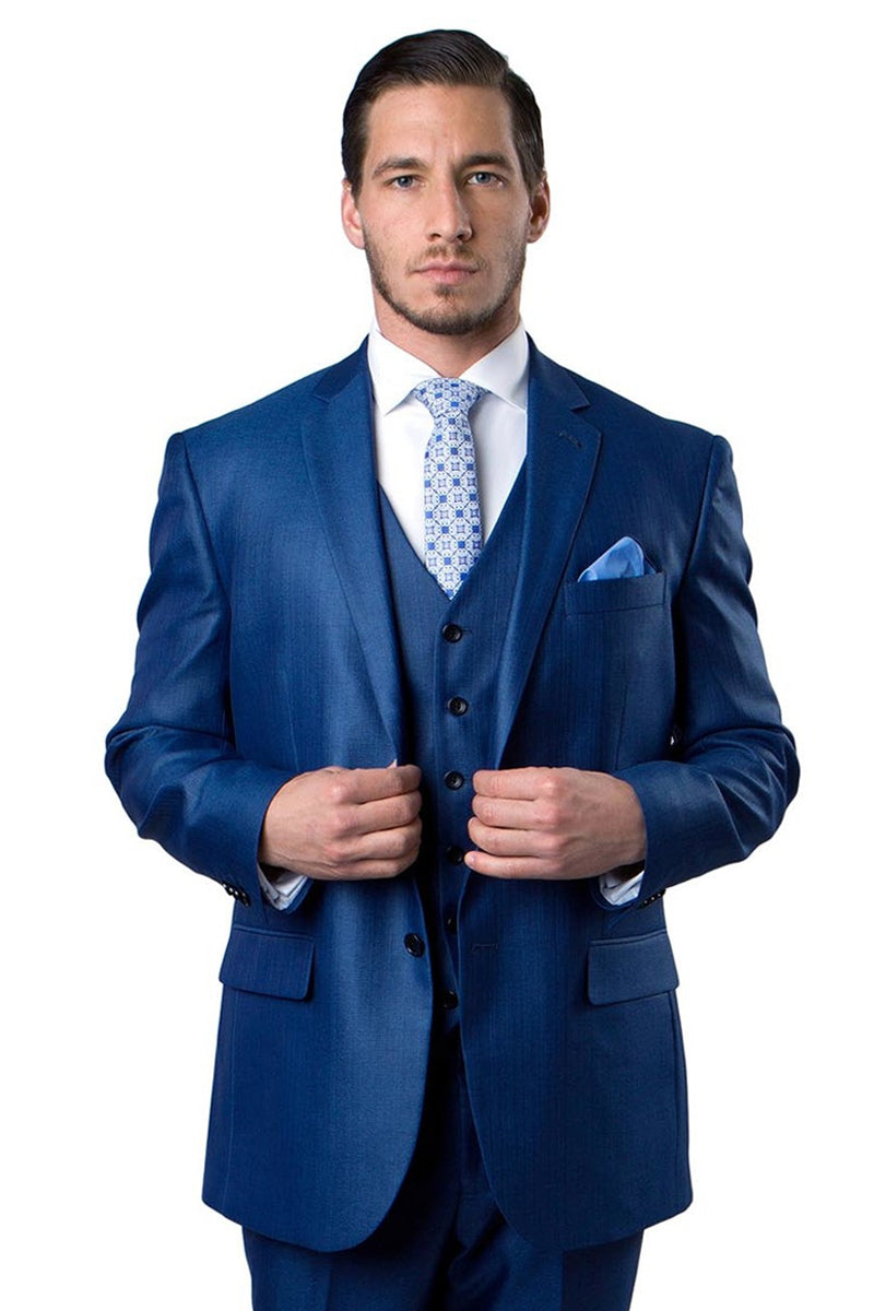 Men’s Two Button Vested Textured Sharkskin Business Suit in Blue