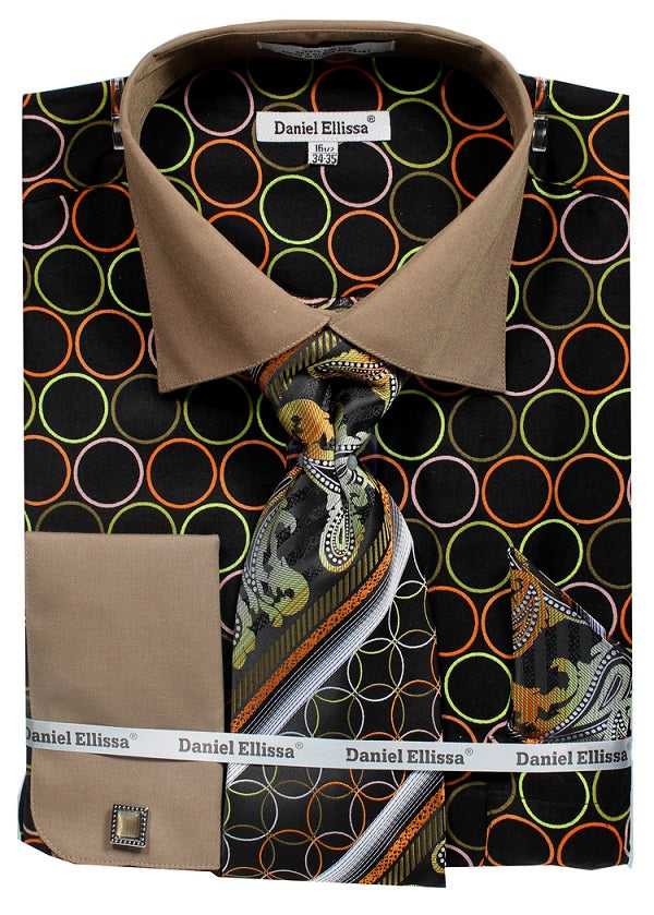 Men’s French Cuff Contrast Collar Circle Print Dress Shirt & Tie Set in Black & Taupe