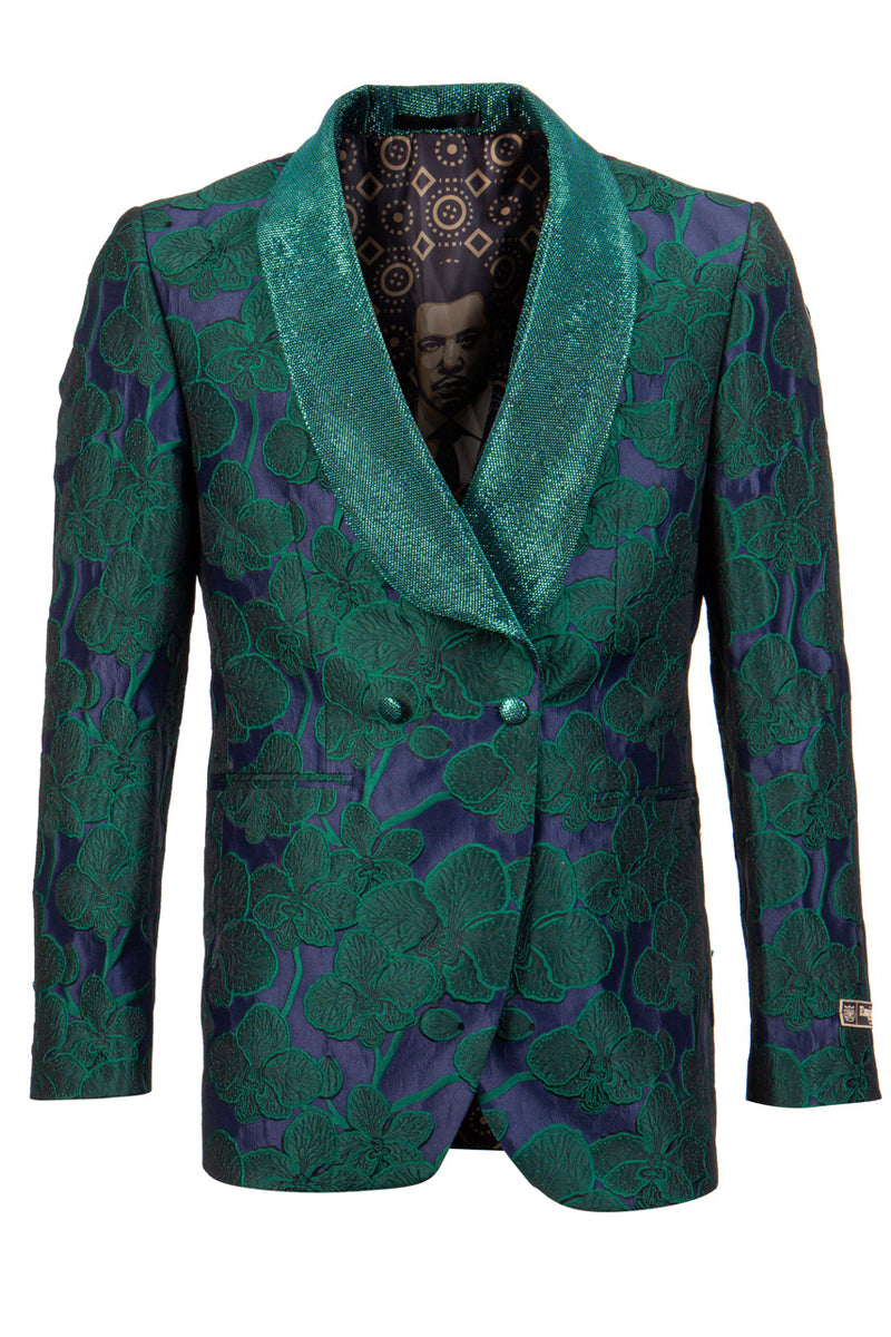 Men’s Double Breasted Shiny Floral Embroidered Tuxedo Dinner Jacket in Green