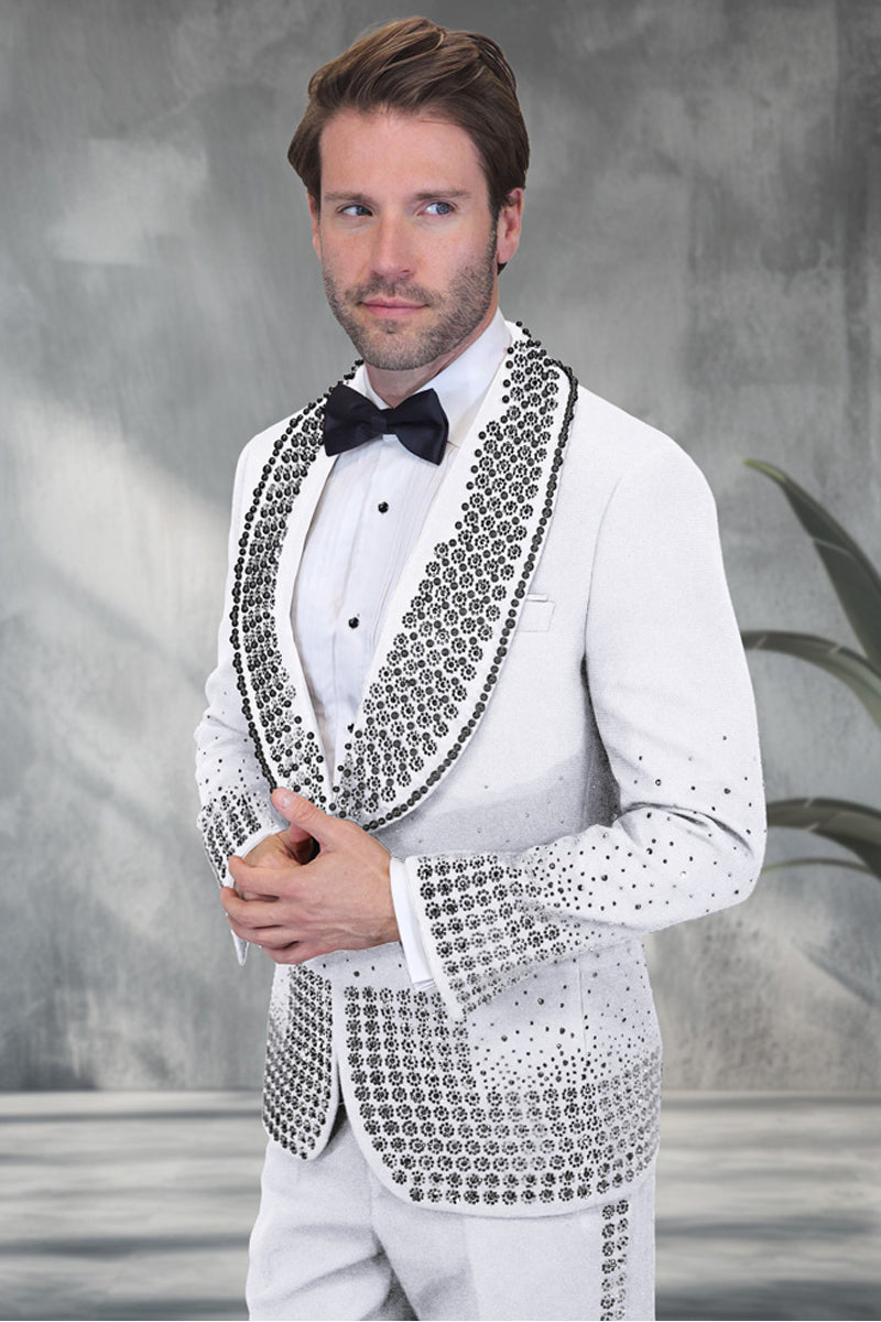 Men’s Designer Black Flower Rhinestone Studded Prom & Wedding Tuxedo in White