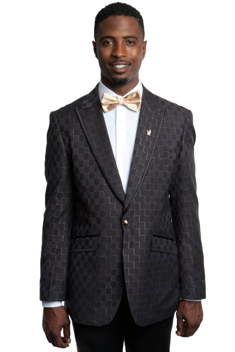 Men’s One Button Peak Lapel Black & Gold Square Print Blazer